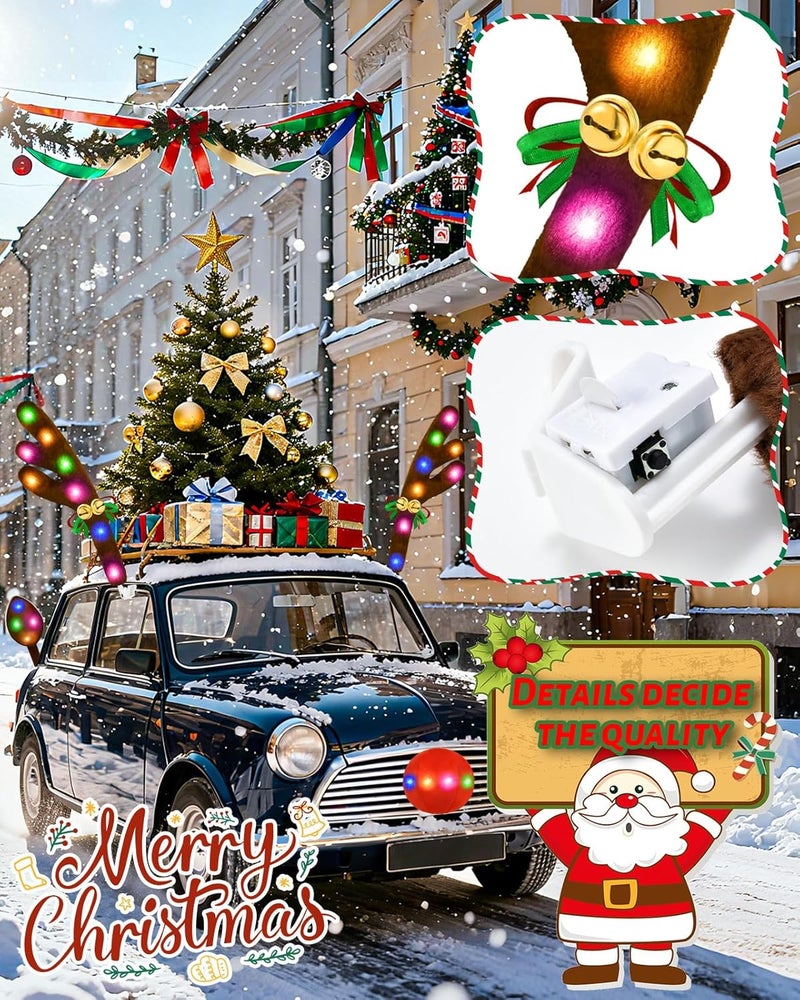 Dergo Christmas Reindeer Antlers Car Decoration Kit 2025, LED Lights Nose Vehicle with Jingle Bells Rudolph, Cute Costume Auto Holiday Accessories for SUV Van Truck Decor Multicolor - Image 5